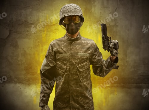 Preview: Hazard, Menace Soldier In A Ruined Crumbly Building With Arms On His Hand