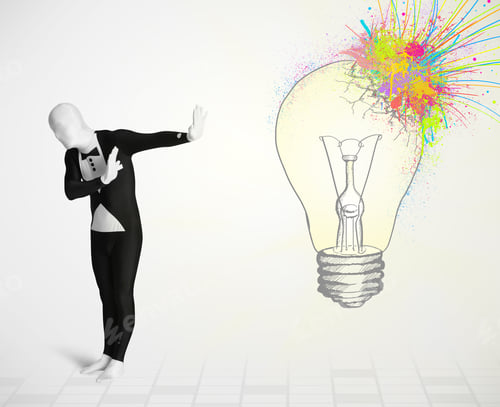 Preview: 3D Human Character Is Body Suit Morphsuit Looking At Abstract Colorful Lightbulb