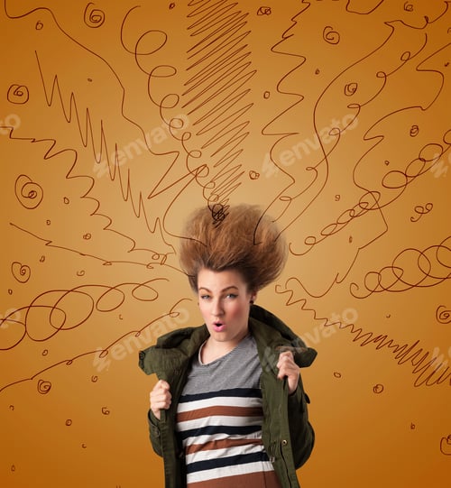 Preview: Excited Young Woman With Extreme Hairtsyle And Hand Drawn Lines Concept On Background