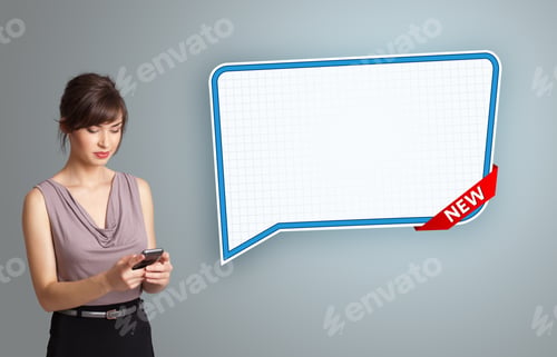 Preview: Beautiful Young Woman Holding A Phone And Presenting Modern Speech Bubble Copy Space