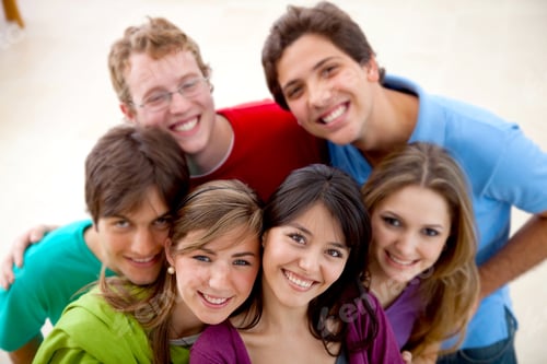 Preview: Happy Group Of Friends In Bright Colors Smiling