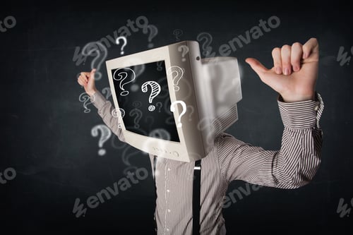 Preview: Businessman With A Computer Monitor Head And Question Marks