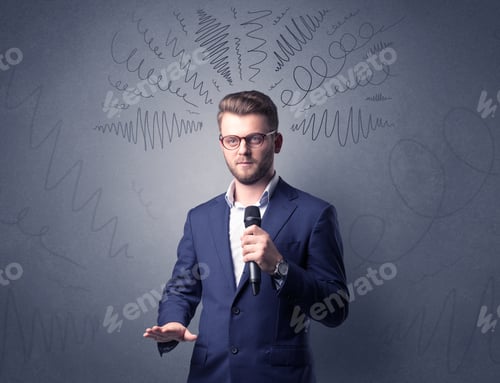 Preview: Businessman Speaking Into Microphone With Scribbles Over His Head