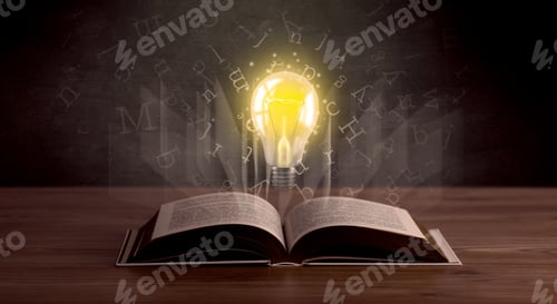 Preview: Shiny Alphabet Letters And Yellow Lightbulb Hovering Over Open Book