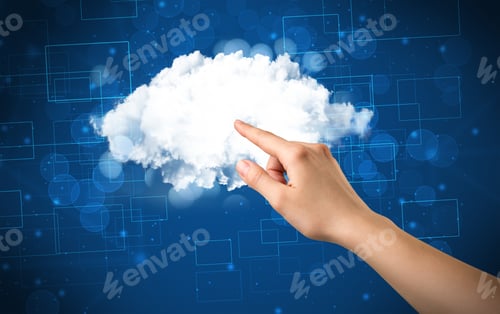 Preview: Female Hand Touching Cloud With Blue Background