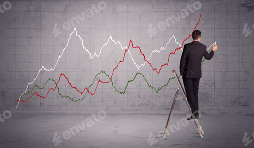 Preview: A Guy In Modern Suit Standing On A Small Ladder And Drawing A Chart On Grey Wall Background With