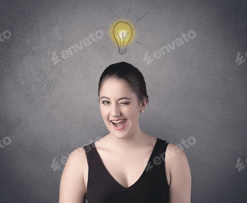 Preview: A Teen Student Girl With Funny Facial Expression Has A Good Idea Illustrated By A Drawn Light Bulb