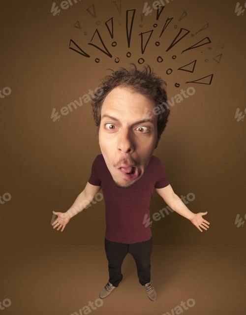 Preview: Funny Guy With Big Head And Drawn Exclamation Marks Over It