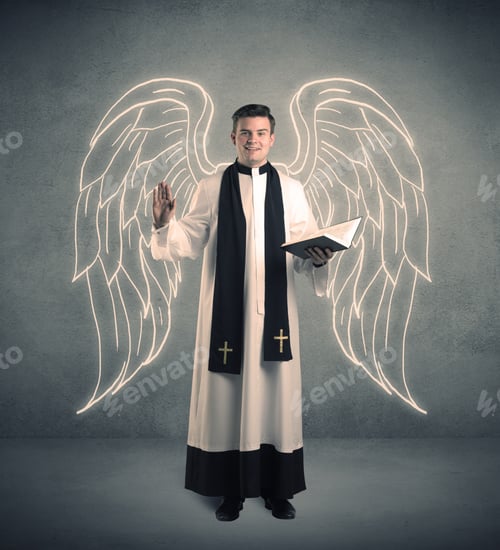 Preview: A Young Male Priest With Drawn Large Angel Wings Standing With The Holy Bible In His Hands Concept.