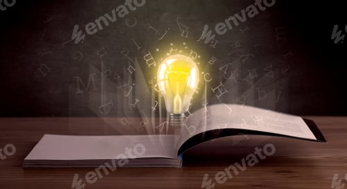 Preview: Shiny Alphabet Letters And Yellow Lightbulb Hovering Over Open Book