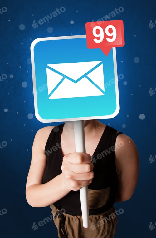 Preview: Casual Young Woman Holding Square Sign With Mail Icon