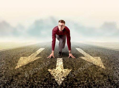Preview: Young Determined Businessman Kneeling Before Three Arrows