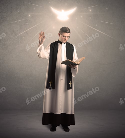 Preview: A Holy Priest Reading A Prayer From The Holy Bible With Illustrated Glowing Angel Above His Head