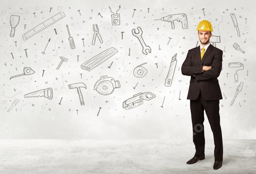 Preview: Construction Worker Planing With Hand Drawn Tool Icons On Background