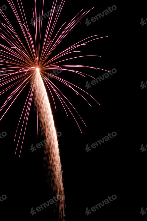 Preview: Feathery White Rocket Trail To Pinkish Burst Of Fireworks Off Center