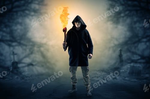 Preview: Man With Burning Flambeau Coming From Thicket And Looking Something