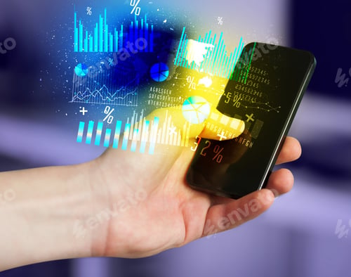 Preview: Hand Holding Smartphone With Business Diagrams On It