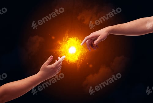 Preview: Two Naked Male Hands About To Touch, Lighting A Bright Flame With Smoke In Red Sky Background