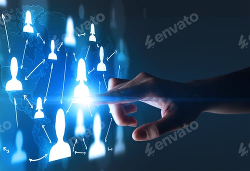 Preview: Female Finger Touching A Beam Of Light Surrounded By Portraits And A World Map Behind It