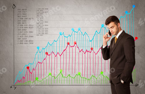 Preview: A Confident Young Businessman Standing In Front Of A A Chart With Graphs And Numberswhile Talking