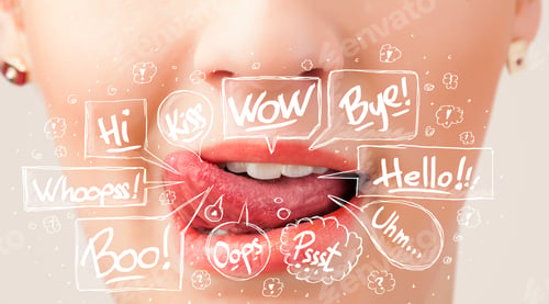 Preview: Beautiful Red Lips With White Speech Bubbles Close Up