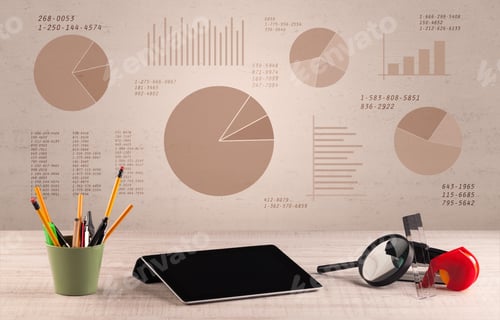 Preview: Graphic Business Office Desk With Pie Charts And Graphs On The Brown Sepia Background Wall