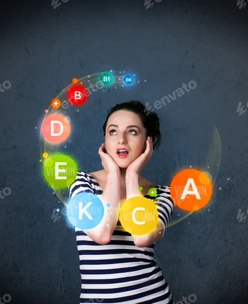 Preview: Thoughtful Young Woman With Vitamin Icons Circulating Around Her Head