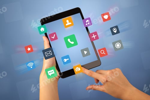 Preview: Female Fingers Touching Tablet With Colorful Applications