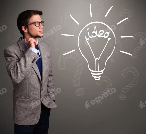 Preview: Attractive Young Boy Comming Up With A Light Bulb Idea Sign