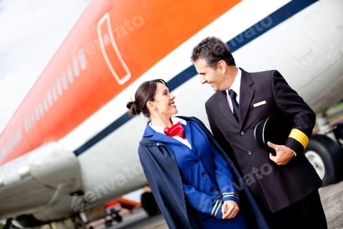 Preview: Pilot And Flight Attendant At The Airport With An Airplane At The Background