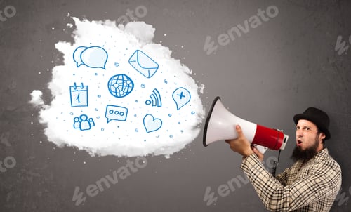 Preview: Young Man Shouting Into Loudspeaker And Modern Blue Icons And Symbols Come Out