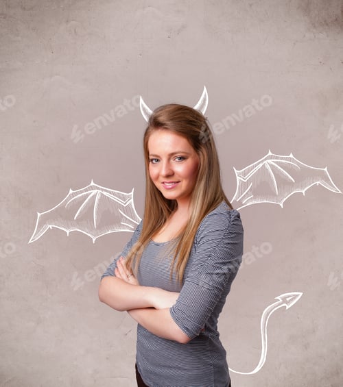 Preview: Young Nasty Girl With Devil Horns And Wings Drawing