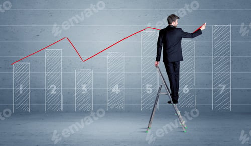 Preview: A Man In Elegant Suit Standing On A Small Ladder And Drawing A Chart On Blue Wall Background With