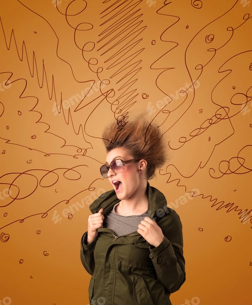 Preview: Excited Young Woman With Extreme Hairtsyle And Hand Drawn Lines Concept On Background