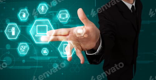 Preview: Young Businessman Pressing Virtual Media Type Of Buttons