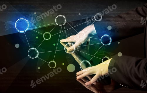 Preview: Male Hands Touching Interactive Table With Colorful World Map On It