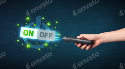 Preview: Hand Holding A Remote Control, On-Off Signal Coming Out Of It