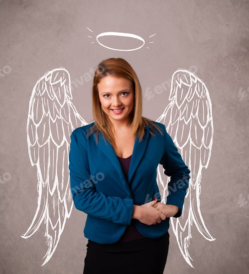 Preview: Cute Girl With Angel Illustrated Wings On Grungy Background