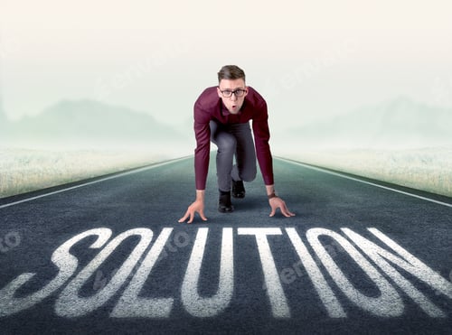 Preview: Young Determined Businessman Kneeling Before Solution Text