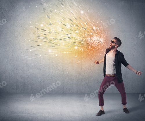 Preview: A Young Hipster Guy With Beard And Sunglasses Shouting In Front Of Urban Wall With Vomit Like