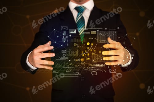 Preview: Businessman With Strategy And Planification Related Drawings Between His Hands