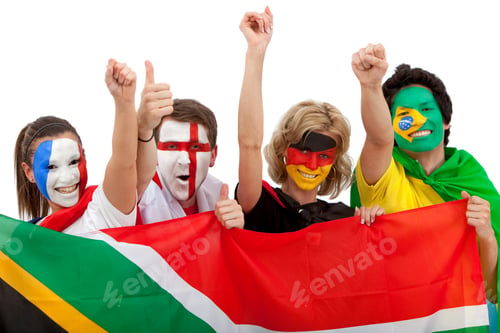 Preview: Group Of Excited Football Fans With Painted Faces Isolated Over A White Background