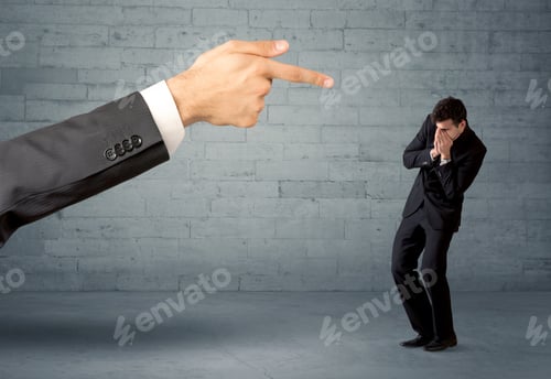 Preview: Boss Firing Employee Concept With A Huge Hand Pointing At Confused Business Person Illustrated By