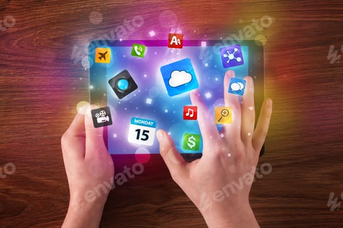 Preview: Caucasian Business Hands Holding And Working On Tablet