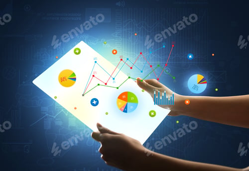 Preview: Young Female Hand Holding A Tablet With Colorful Charts