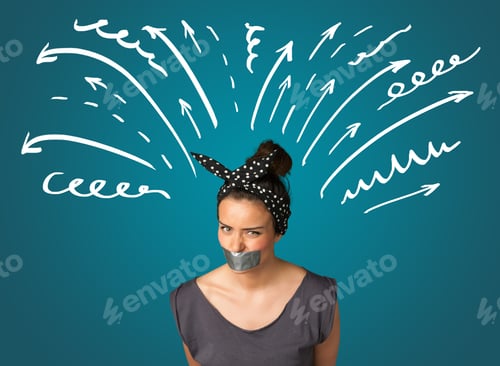 Preview: Young Woman With Taped Mouth And White Drawn Lines And Arrows Around Her Head