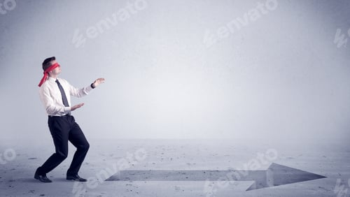 Preview: A Confused Blind Salesman Standing In Front Of A Drawn Arrow On The Floor Pointing In The Right