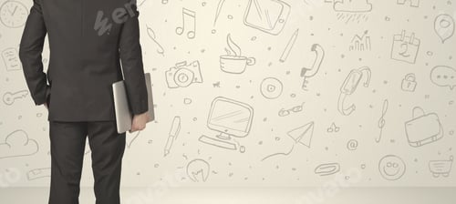 Preview: Businessman From The Back In Front Of An Social Media Icon Wall