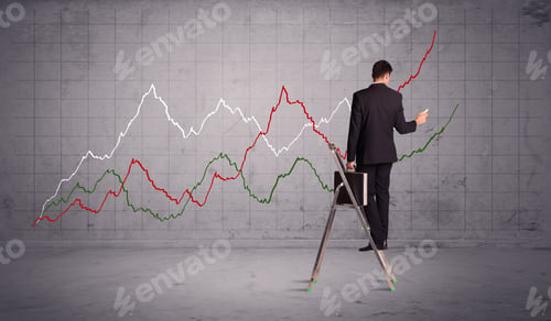 Preview: A Guy In Modern Suit Standing On A Small Ladder And Drawing A Chart On Grey Wall Background With