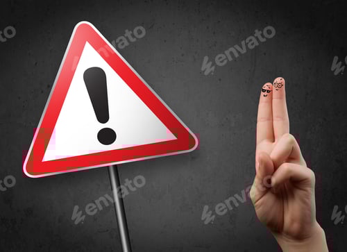Preview: Happy Cheerful Smiley Fingers Looking At Triangle Warning Sign With Exclamation Mark
